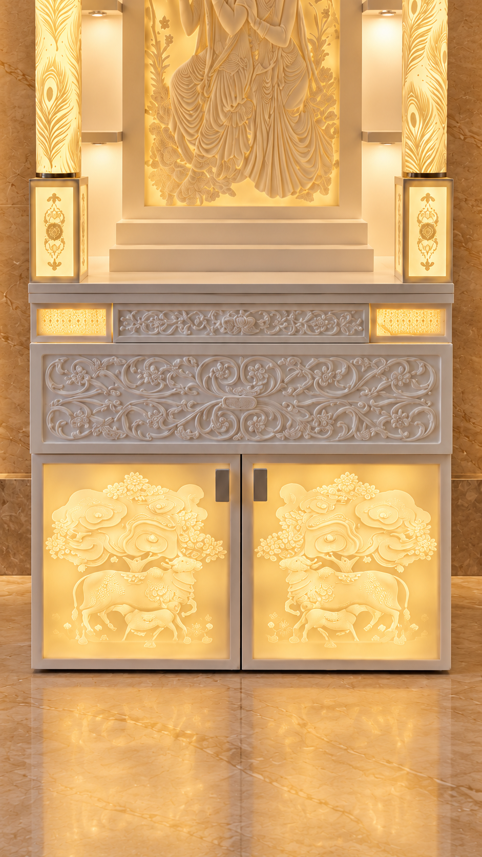 Digitally styled lower detail of Radha Krishna Corian mandir showing stepped altar, ornamental fascia and illuminated double-door storage