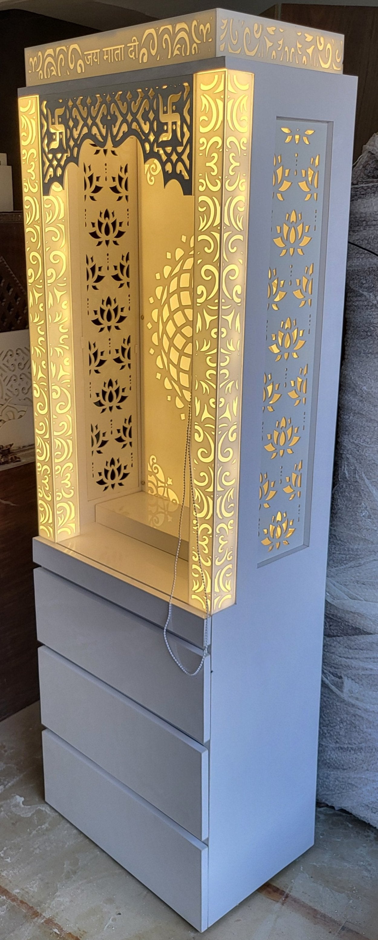 Acrylic mandir with storage 6 feet x 2 feet corian mandir mumbai