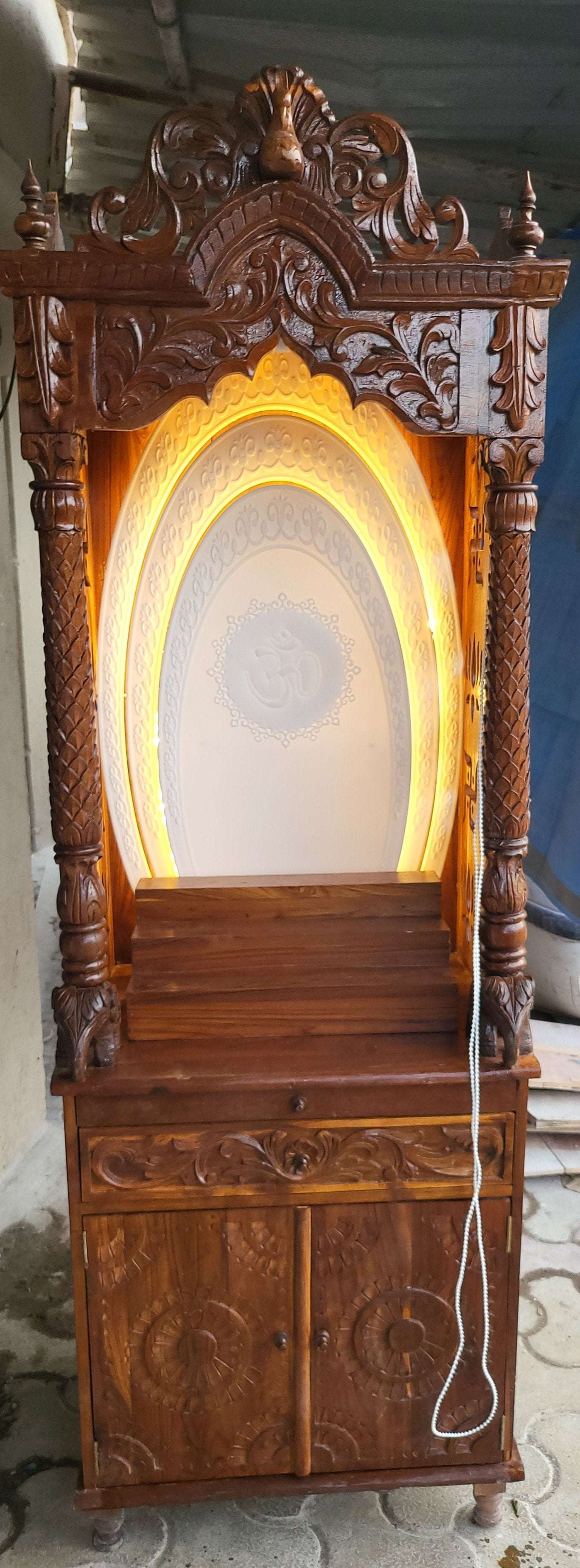 Teakwood mandir for home with backlit corian panel corian mandir mumbai