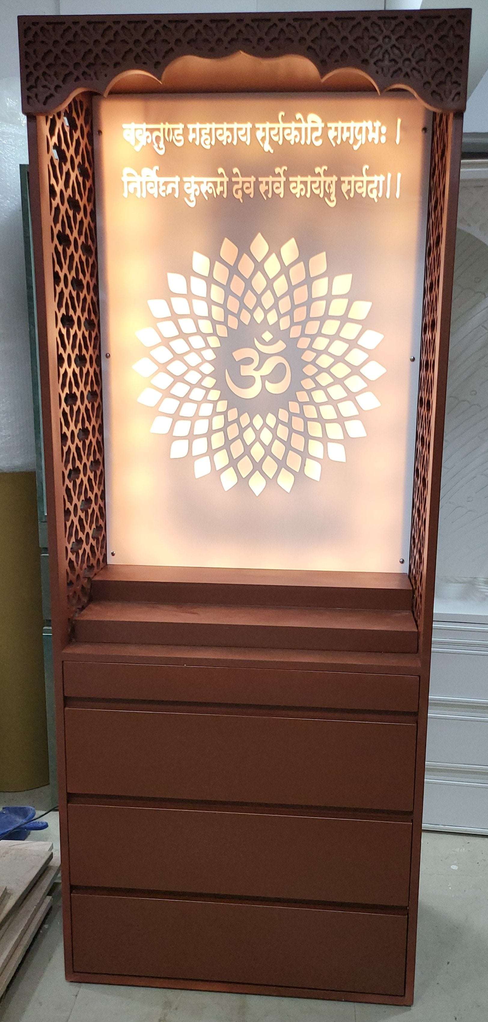 Pu polished home temple acrylic with storage corian mandir mumbai