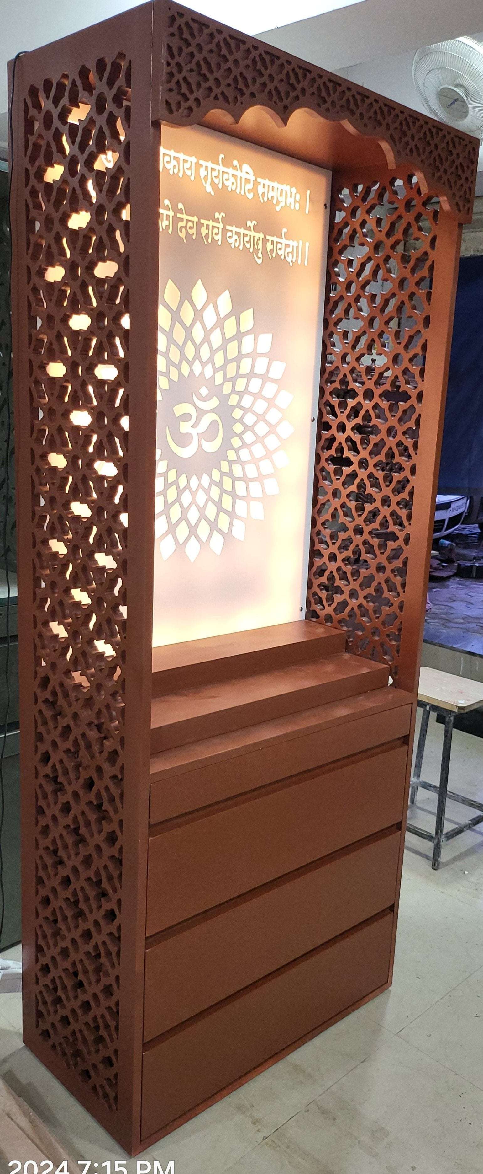 Pu polished home temple acrylic with storage corian mandir mumbai