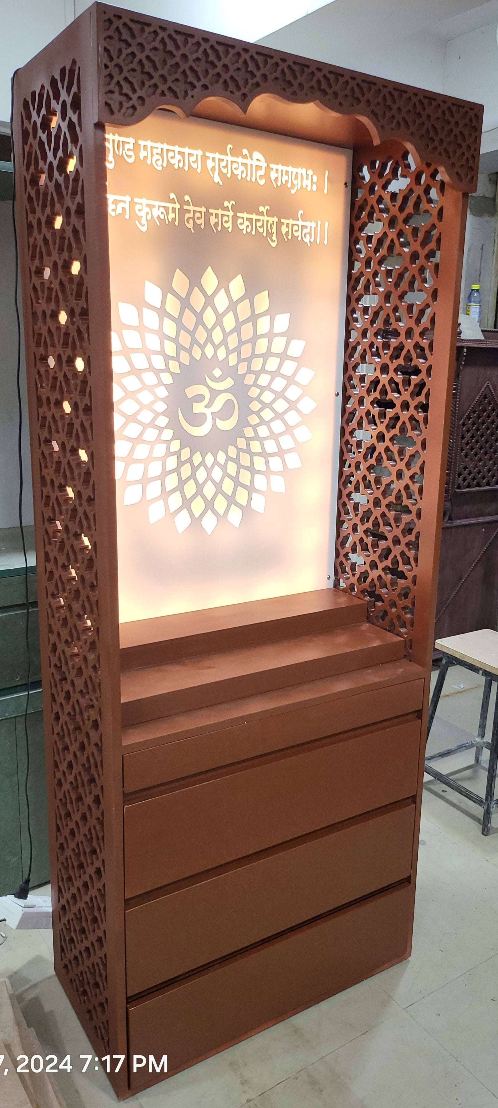 Pu polished home temple acrylic with storage corian mandir mumbai