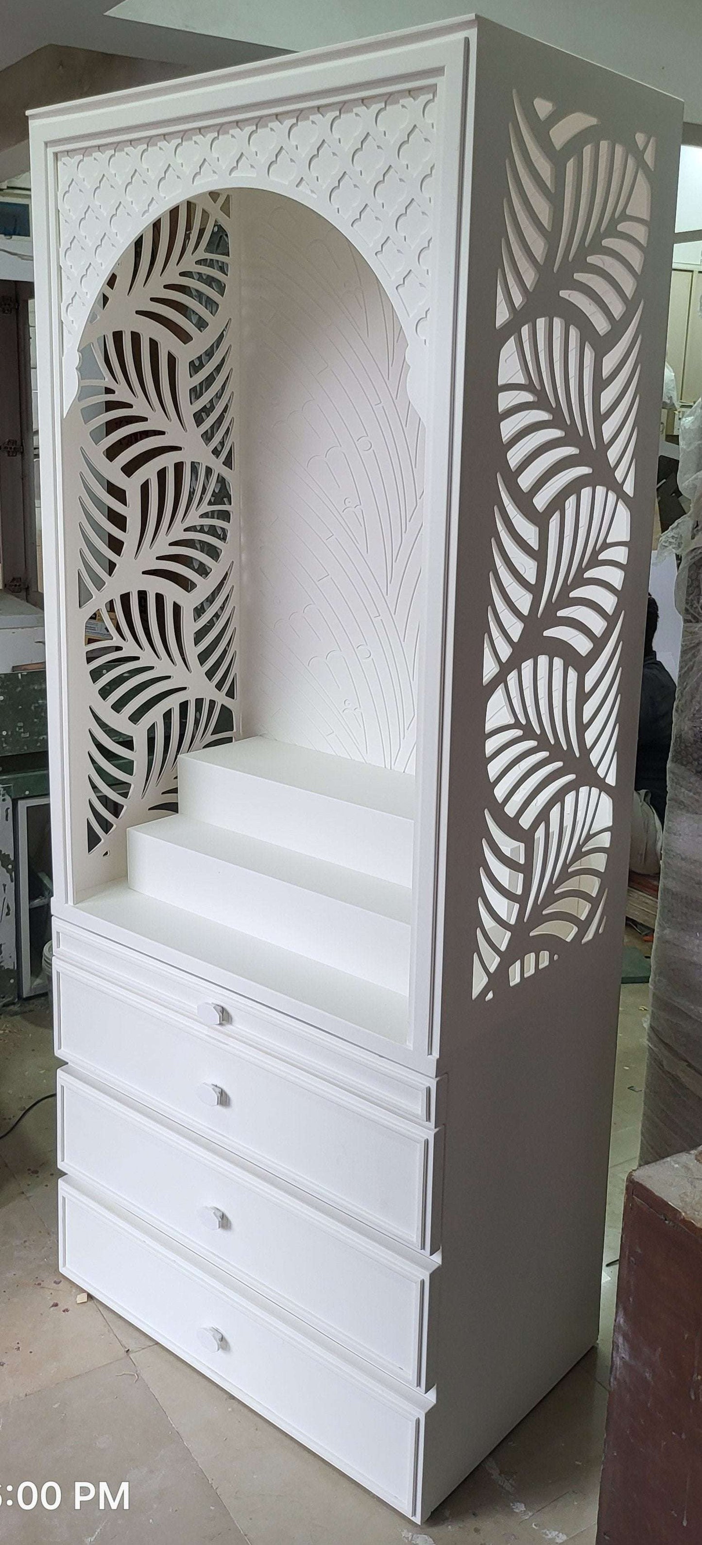 Corian Mandir design for  home Banaleaf leaf jaali pattern corian mandir mumbai