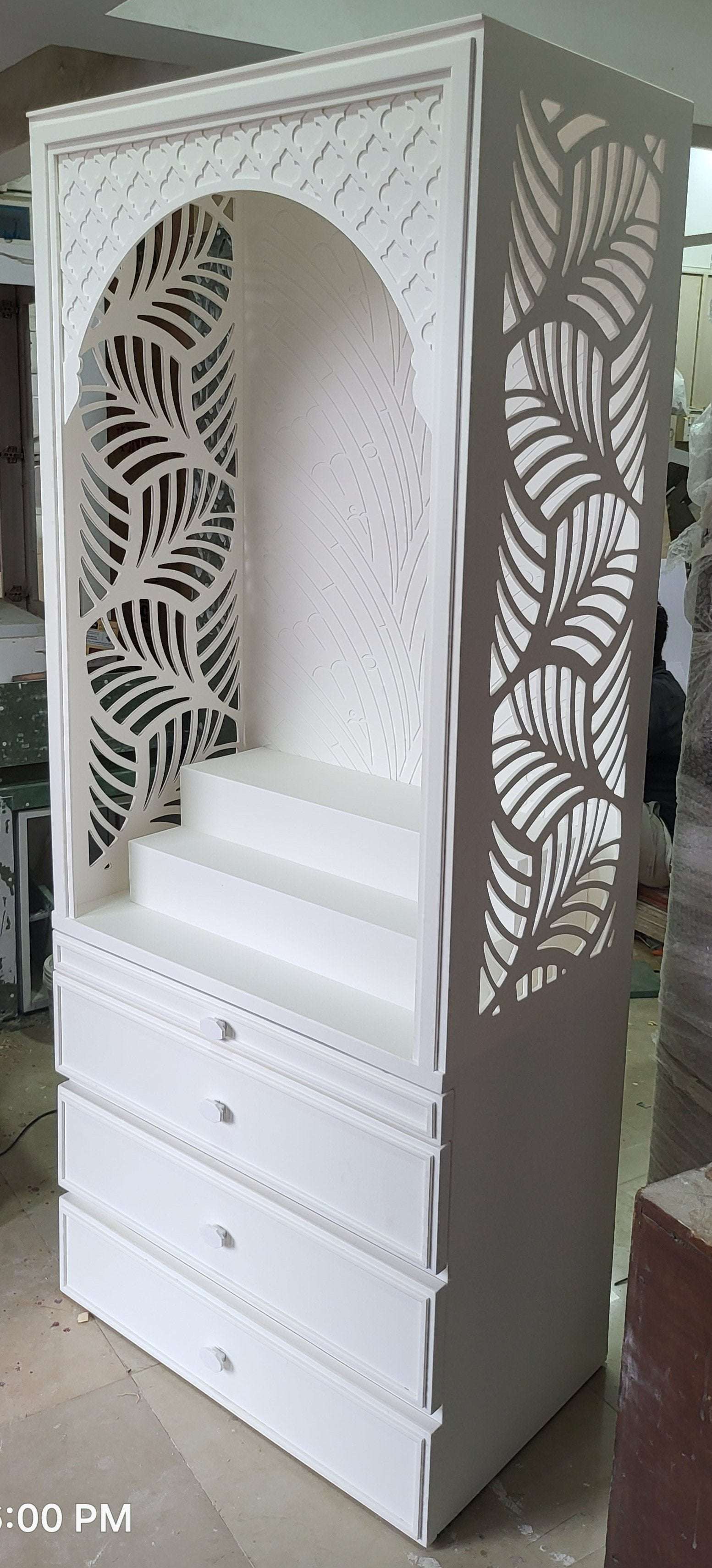 Corian Mandir design for  home Banaleaf leaf jaali pattern corian mandir mumbai