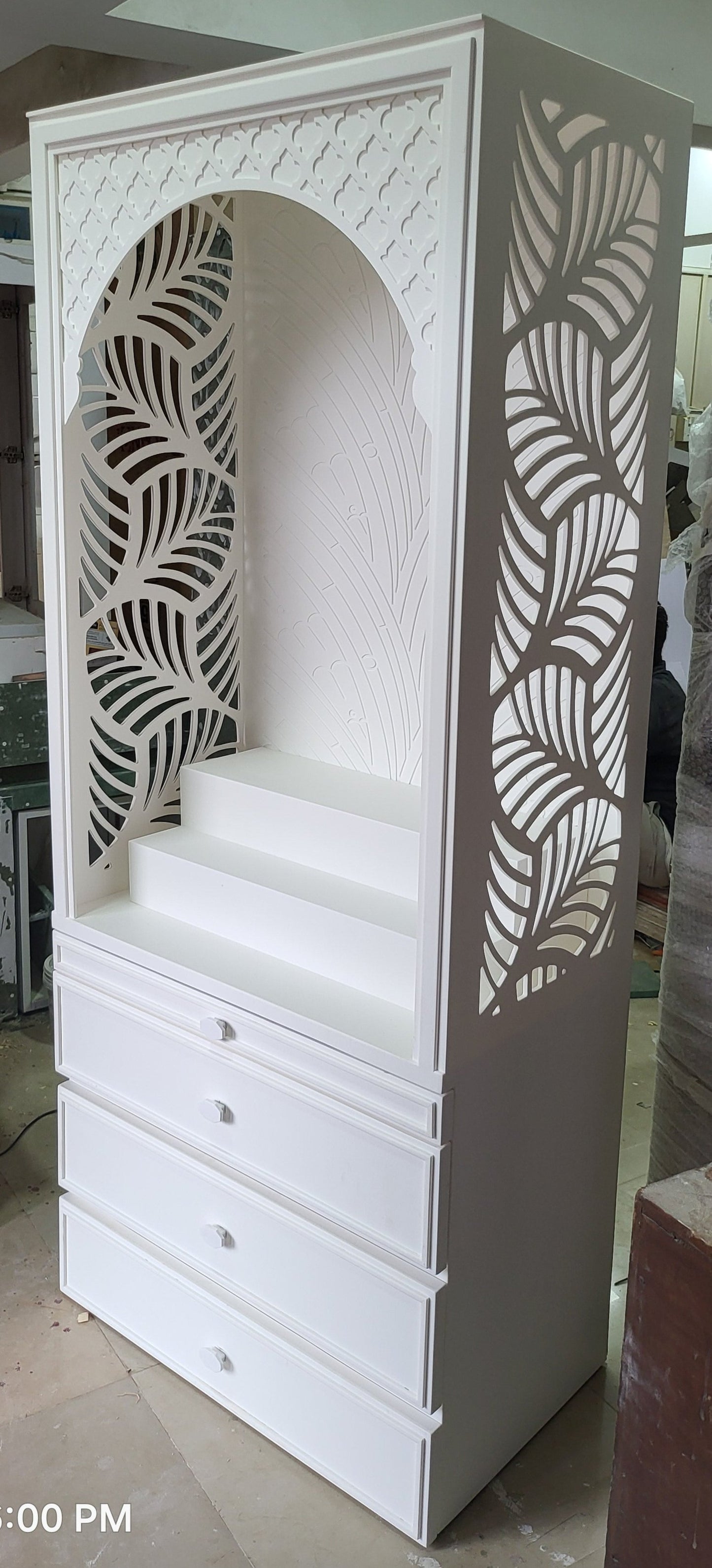 Corian Mandir design for  home Banaleaf leaf jaali pattern corian mandir mumbai