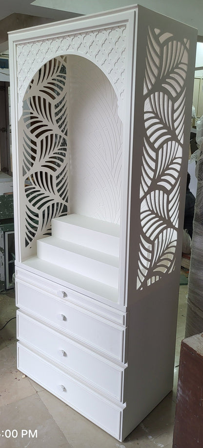 Corian Mandir design for  home Banaleaf leaf jaali pattern corian mandir mumbai