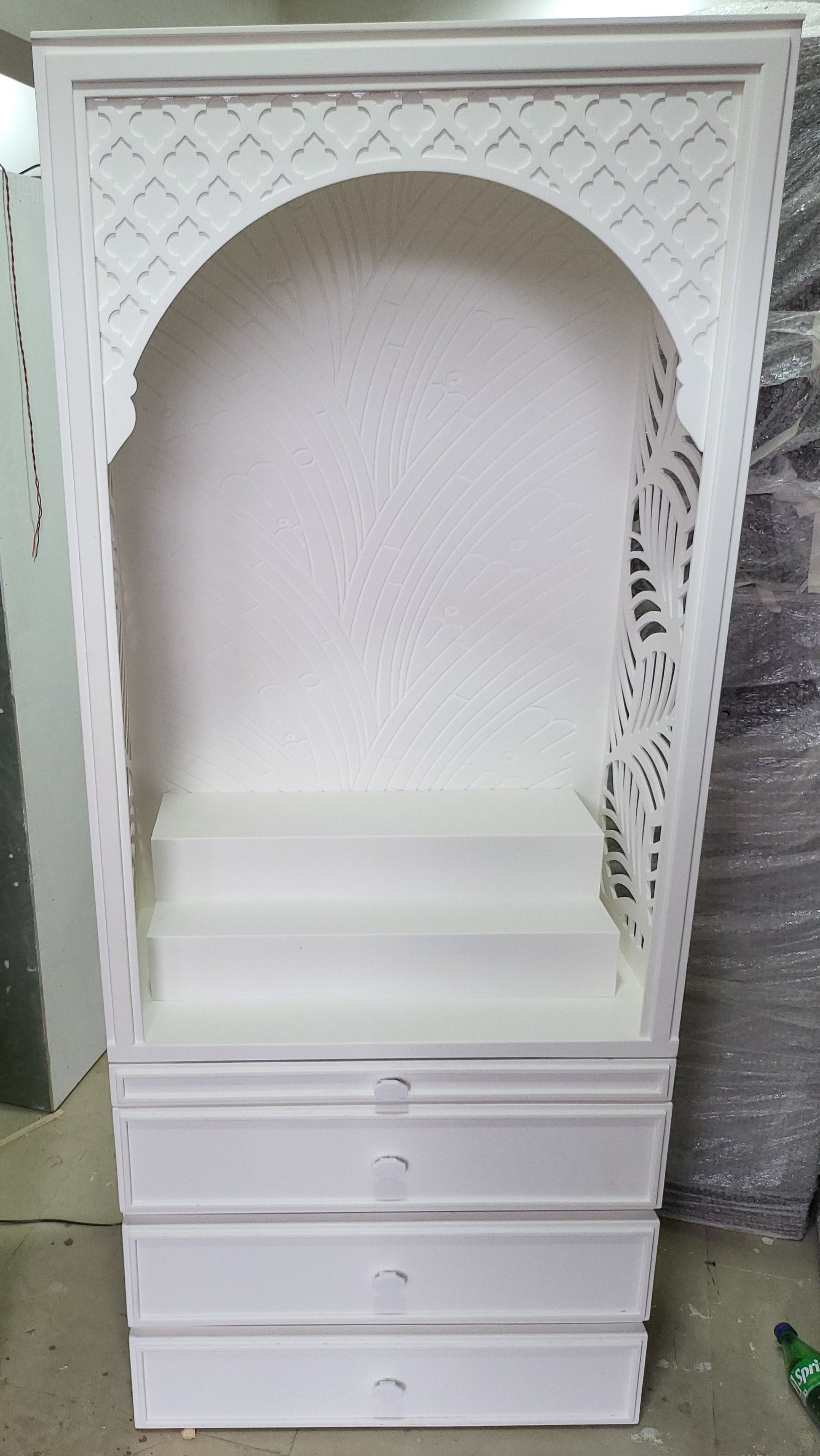 Corian Mandir design for  home Banaleaf leaf jaali pattern corian mandir mumbai