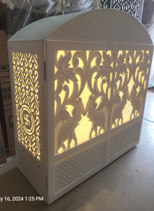 Corian mandir compact design with carving doors and rounded top corian mandir mumbai