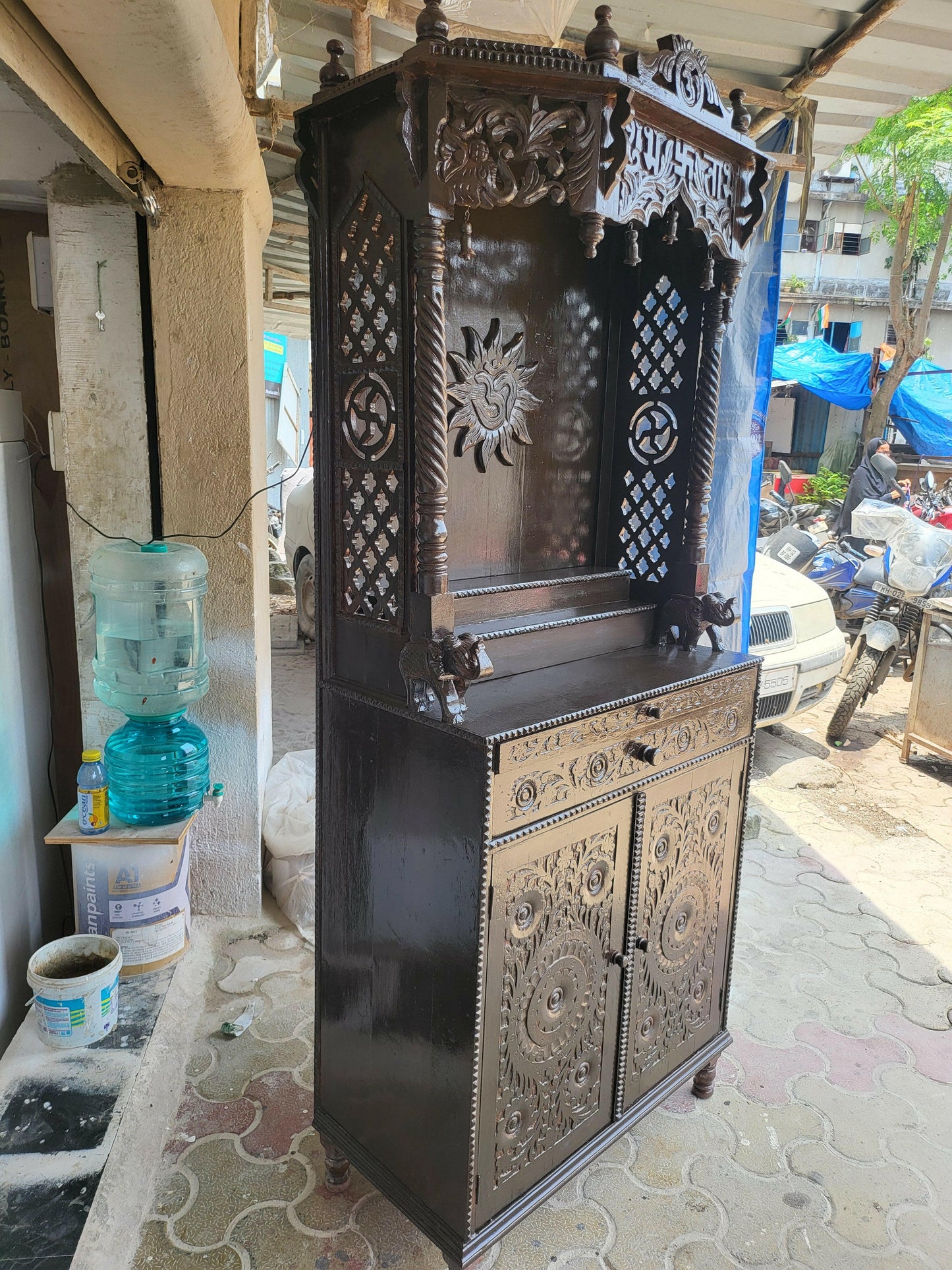 Teakwood beautiful carving mandir for home (Walnut polished) corian mandir mumbai