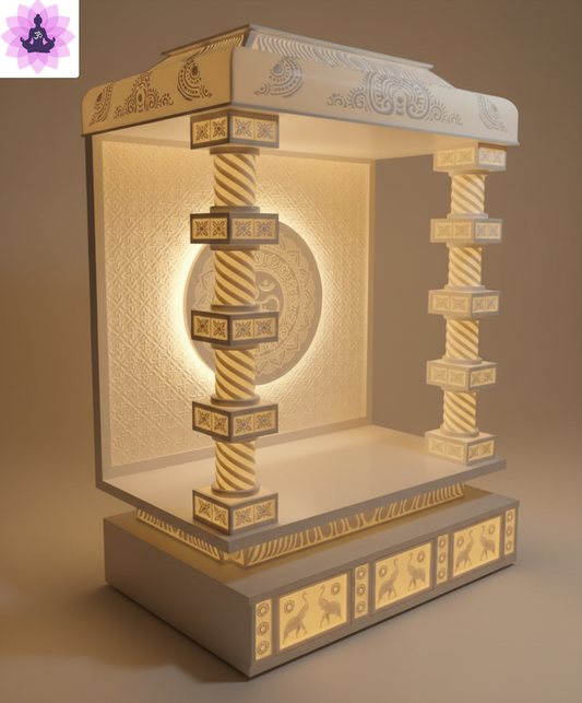 Luxury 3D Corian temple featuring alternating round cylinder and square block pillars with 3D floral motifs, LED backlit mandala, lotus pedestal base with Indian folk art panels, and dual-layer CNC-carved dome. Custom Corian temple manufactured by Satguru Creations Corian temple manufacturer Mumbai. Available in custom sizes with worldwide delivery to 45+ countries.