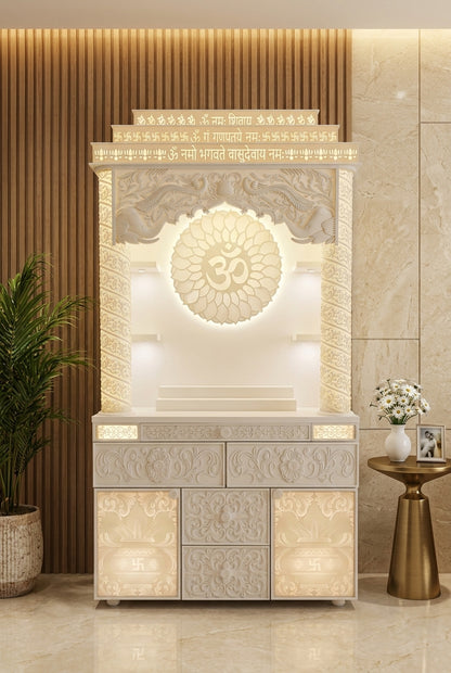 3D Backlit Jali Corian Temple — Peacock Elephant Mandir — Luxury Home Interior — Satguru Creations