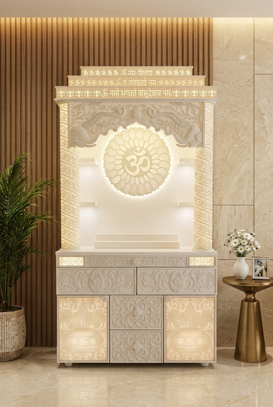 3D Backlit Jali Corian Temple — Peacock Elephant Mandir — Luxury Home Interior — Satguru Creations