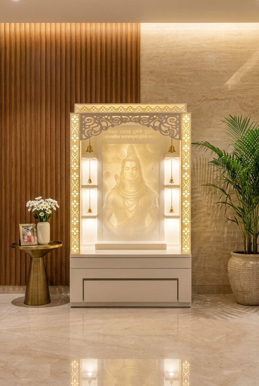 3D Jali Corian Mandir with Sitting Stand — Roller Curtain — Luxury Home Interior — Satguru Creations