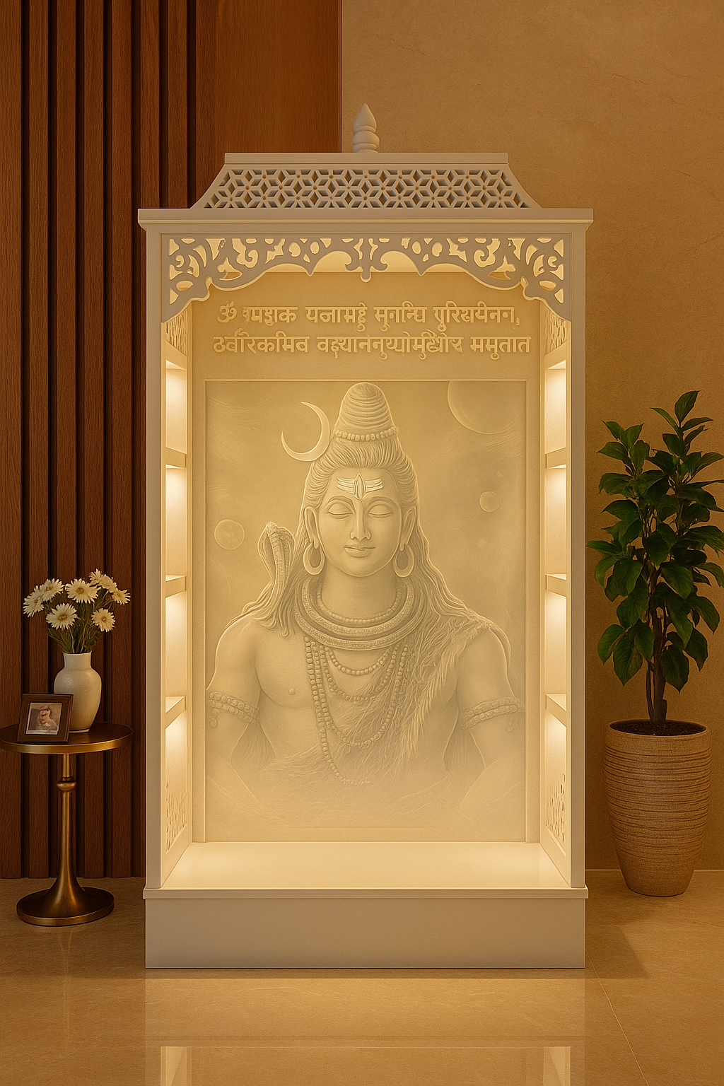 3D Jali Corian Mandir with Sitting Stand — Roller Curtain — Luxury Indian Home Interior — Satguru Creations
