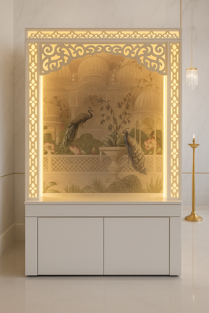 3D Jali Corian Mandir with Sitting Stand — Roller Curtain — Luxury Indian Home Interior — Satguru Creations