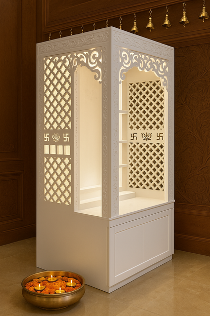 3D Jali Corian Mandir with Sitting Stand — Roller Curtain — Luxury Indian Home Interior — Satguru Creations