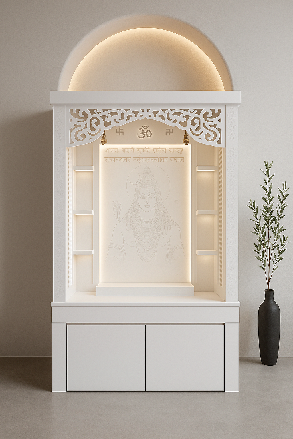 3D Jali Corian Mandir with Sitting Stand — Roller Curtain — Luxury Indian Home Interior — Satguru Creations