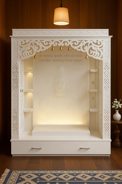 3D Jali Corian Mandir with Sitting Stand — Roller Curtain — Luxury Indian Home Interior — Satguru Creations