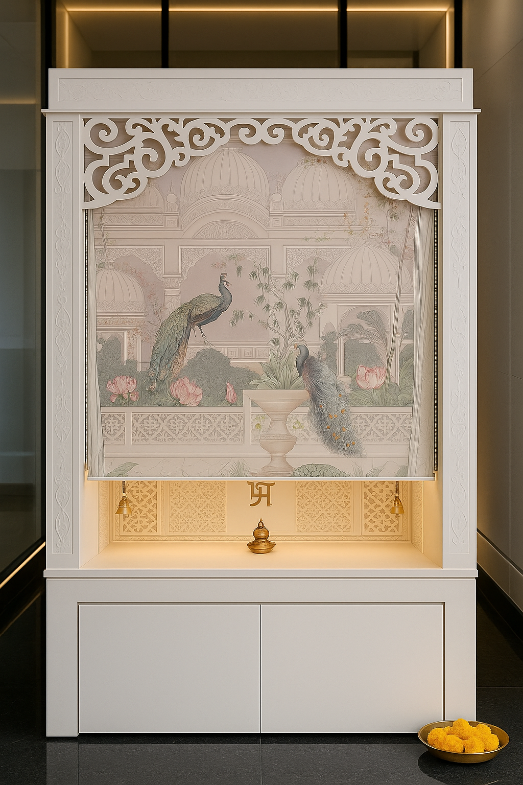 3D Jali Corian Mandir with Sitting Stand — Roller Curtain — Luxury Indian Home Interior — Satguru Creations