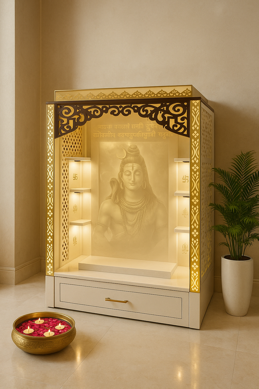 3D Jali Corian Mandir with Sitting Stand — Roller Curtain — Luxury Indian Home Interior — Satguru Creations