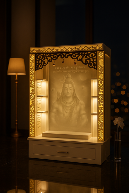 3D Jali Corian Mandir with Sitting Stand — Roller Curtain — Luxury Indian Home Interior — Satguru Creations