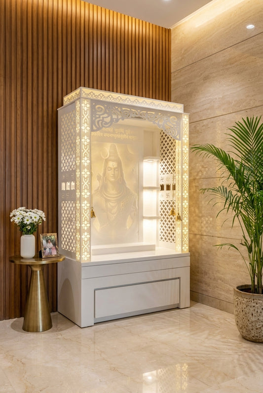 Large Corian Temple with Sitting Stand and Roller Curtain — Luxury Home Interior — Satguru Creations
