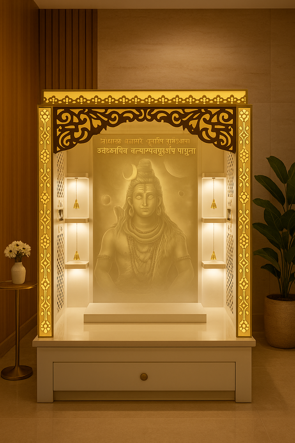 Large Corian Temple with Sitting Stand and Roller Curtain — Luxury Indian Home Interior — Satguru Creations