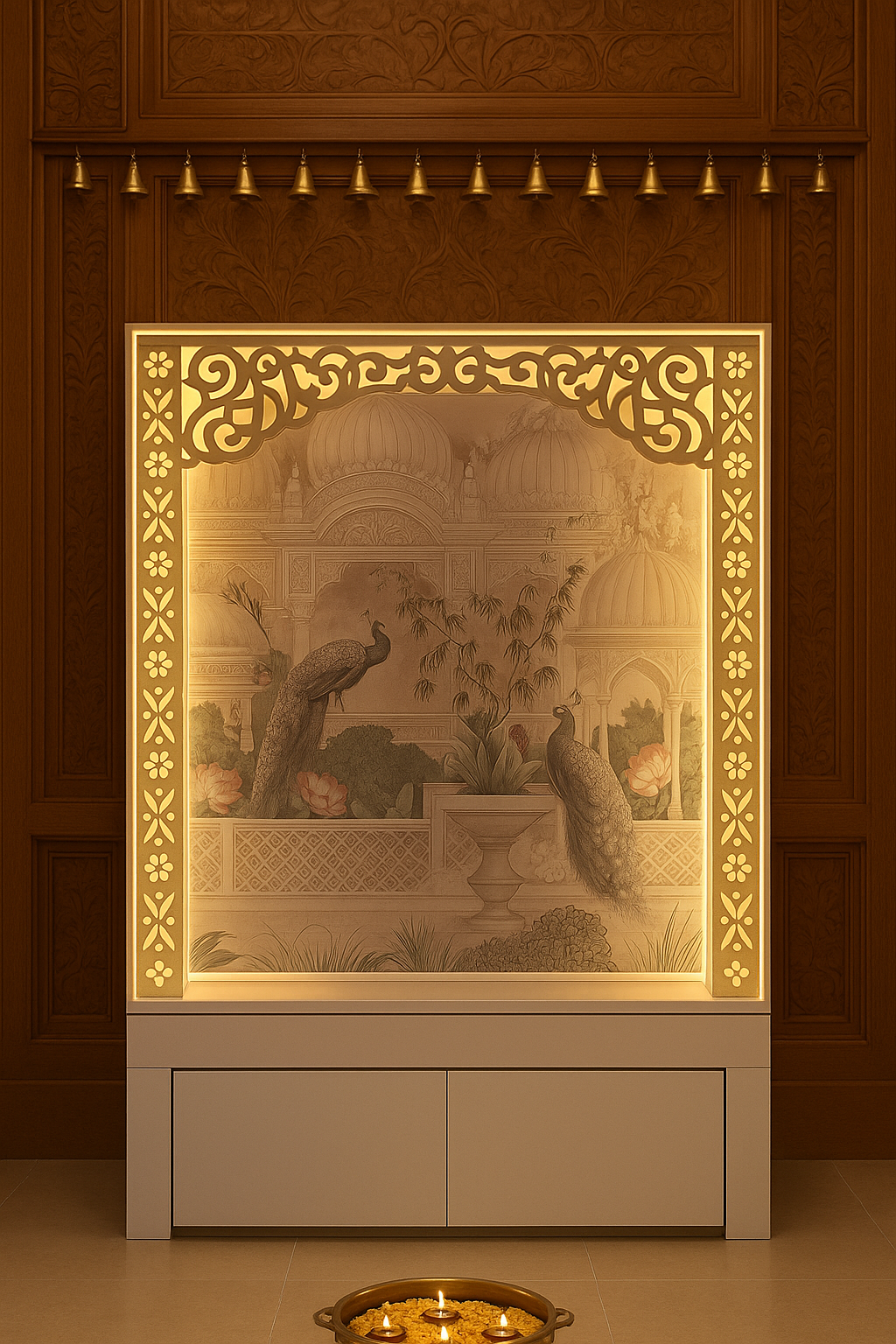 Large Corian Temple with Sitting Stand and Roller Curtain — Luxury Indian Home Interior — Satguru Creations
