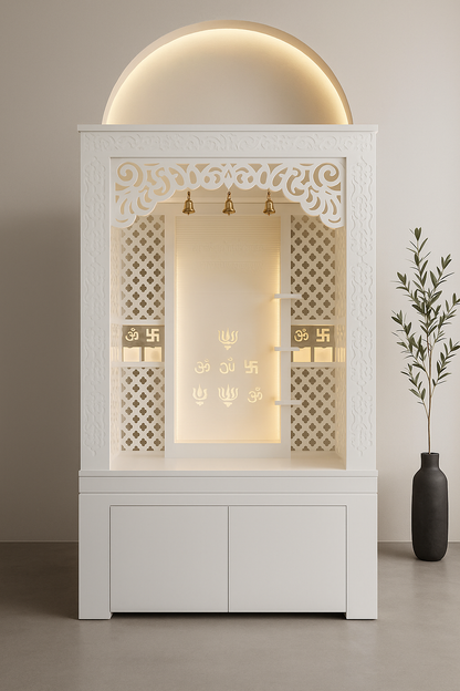 Large Corian Temple with Sitting Stand and Roller Curtain — Luxury Indian Home Interior — Satguru Creations