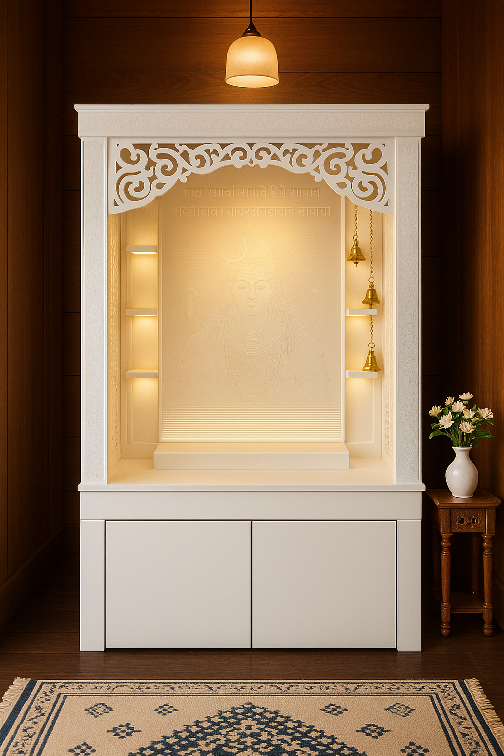 Large Corian Temple with Sitting Stand and Roller Curtain — Luxury Indian Home Interior — Satguru Creations