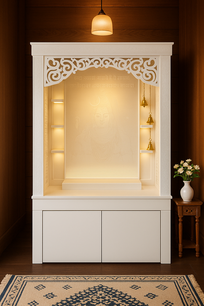 Large Corian Temple with Sitting Stand and Roller Curtain — Luxury Indian Home Interior — Satguru Creations