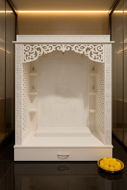 Large Corian Temple with Sitting Stand and Roller Curtain — Luxury Indian Home Interior — Satguru Creations