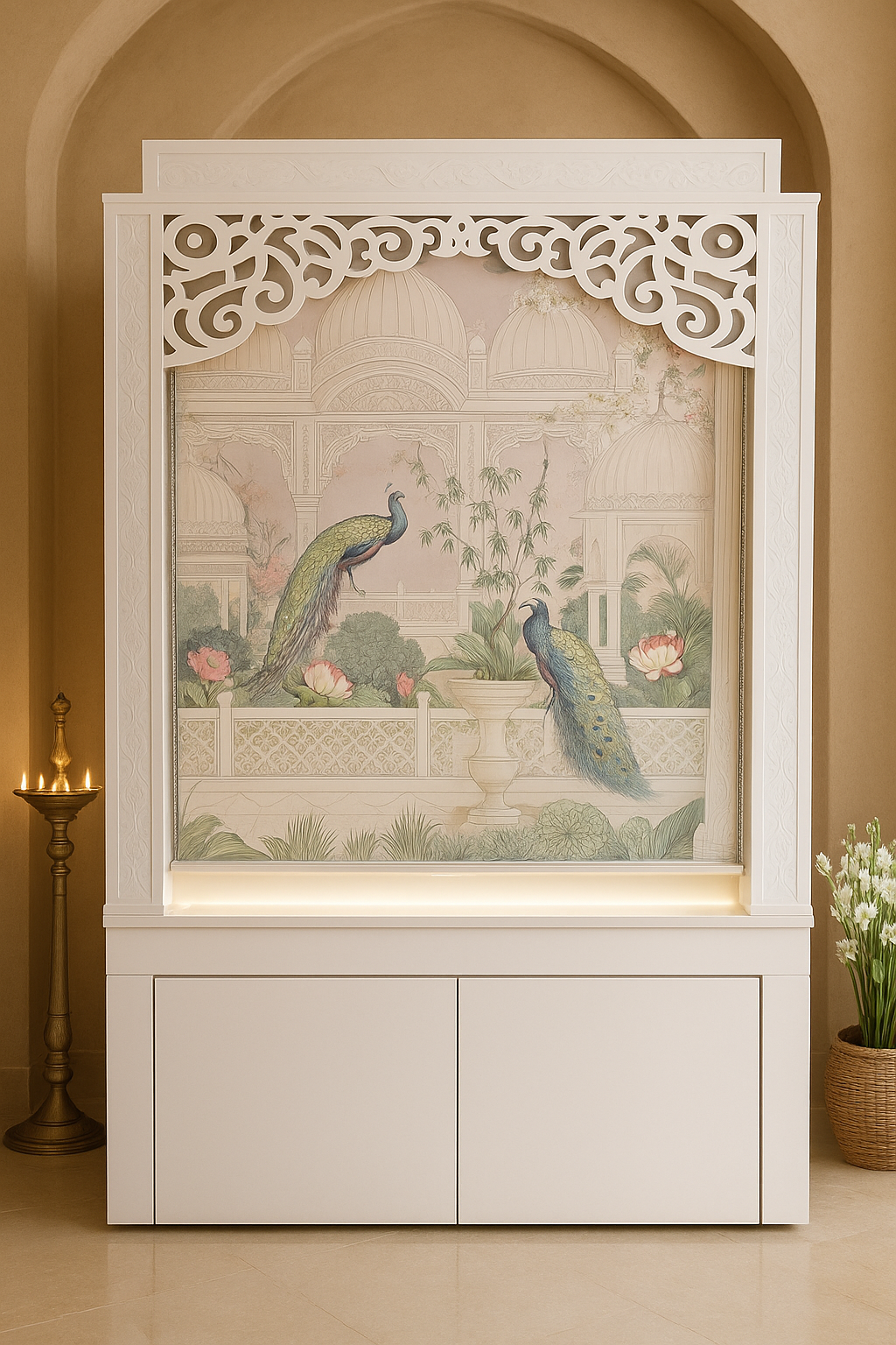 Large Corian Temple with Sitting Stand and Roller Curtain — Luxury Indian Home Interior — Satguru Creations