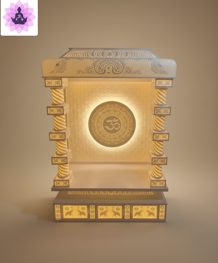 Premium 3D Corian temple with alternating round cylinder and square block pillars featuring diagonal stripe patterns and 3D floral motifs, LED backlit circular mandala with concentric ring patterns on diamond lattice textured back wall, lotus inspired stepped pedestal base with elephant crane deer folk art panels, and dual layer dome with gold paisley and white scrollwork manufactured by Satguru Creations Corian temple manufacturer Mumbai India