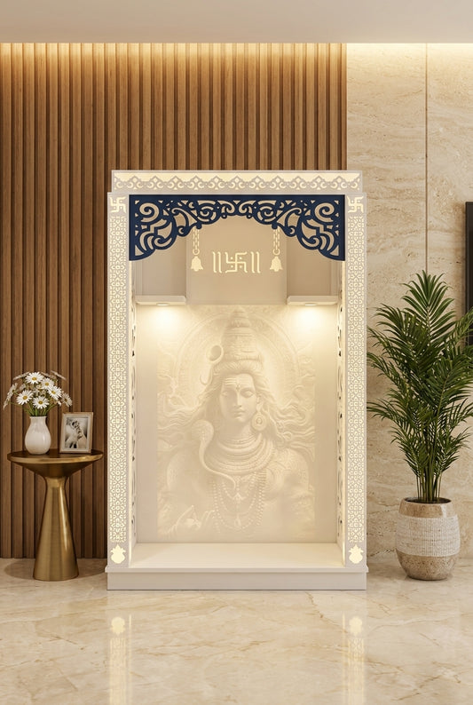 3D Corian Temple Shiva Adiyogi with Backlit Pillars — Luxury Home Interior — Satguru Creations
