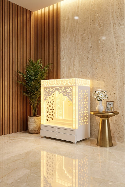 3D Wall-Mount Corian Mandir — Compact Home Temple — Luxury Home Interior — Satguru Creations