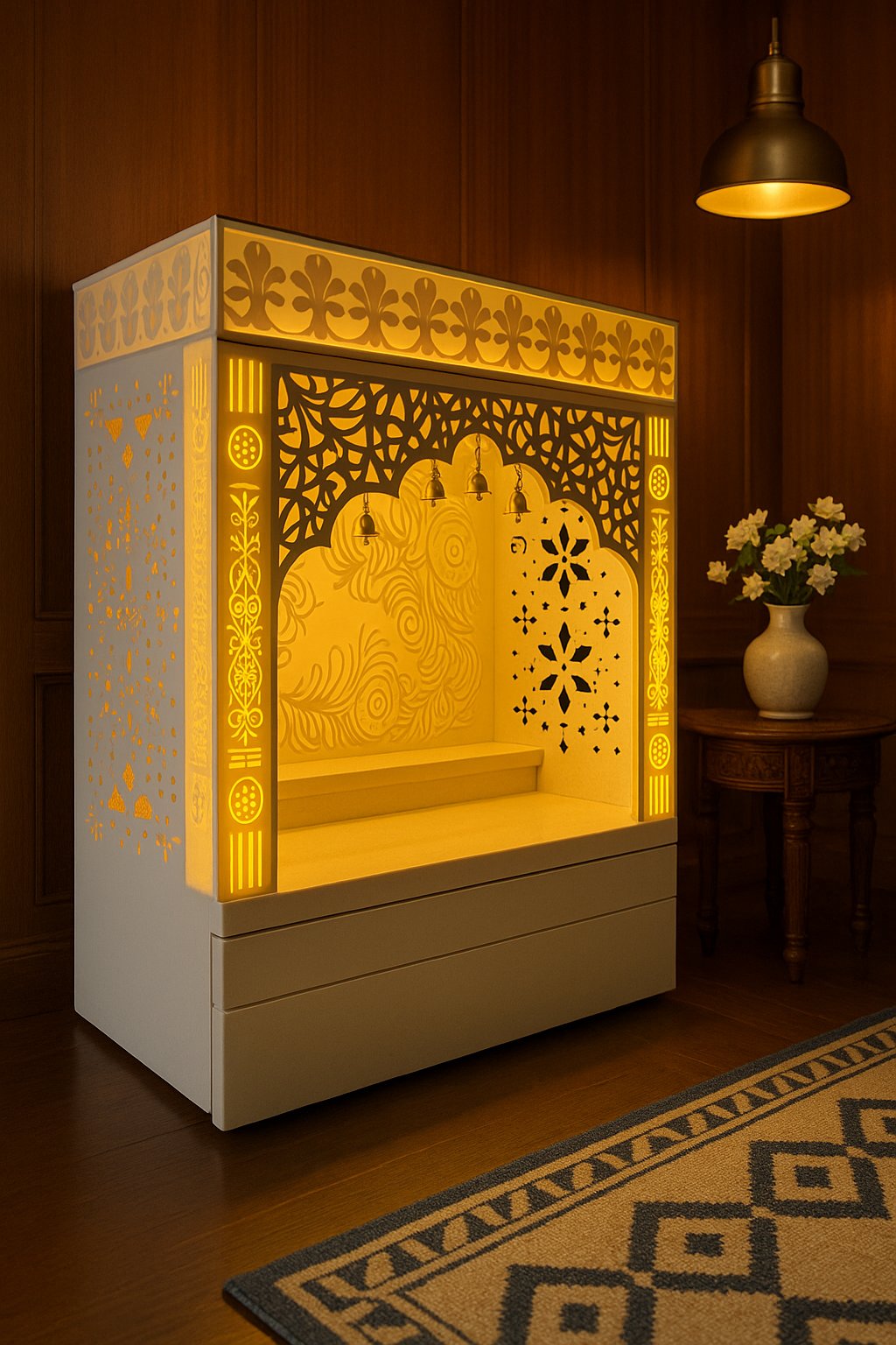 3D Wall-Mount Corian Mandir — Compact Home Temple — Luxury Indian Home Interior — Satguru Creations