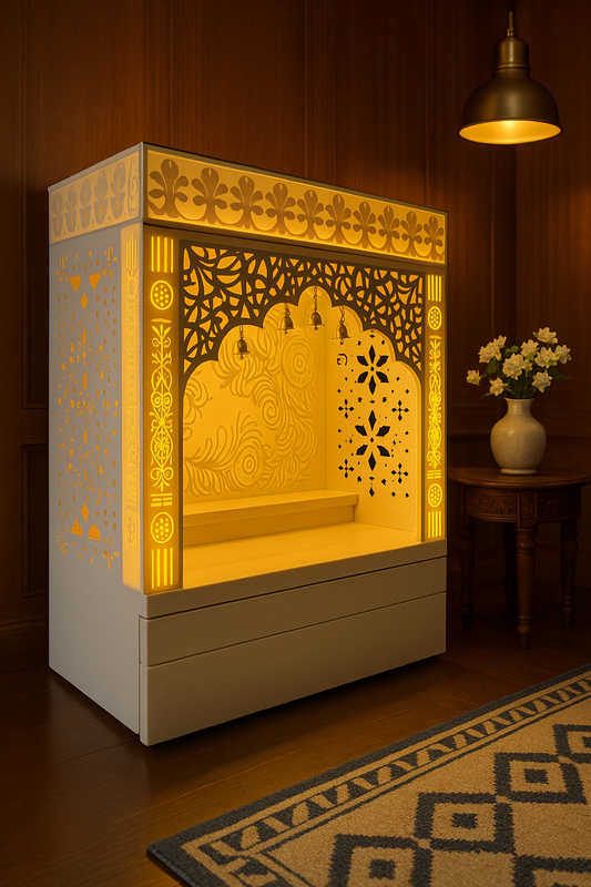 3D Wall-Mount Corian Mandir — Compact Home Temple — Luxury Indian Home Interior — Satguru Creations