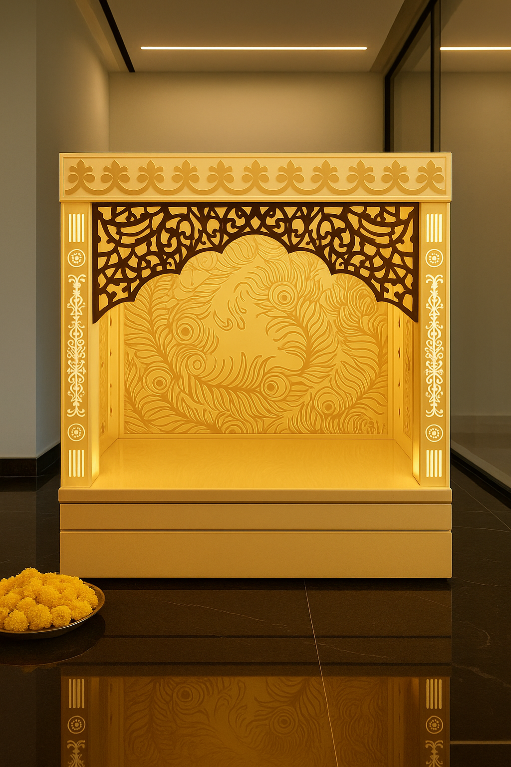 3D Wall-Mount Corian Mandir — Compact Home Temple — Luxury Indian Home Interior — Satguru Creations