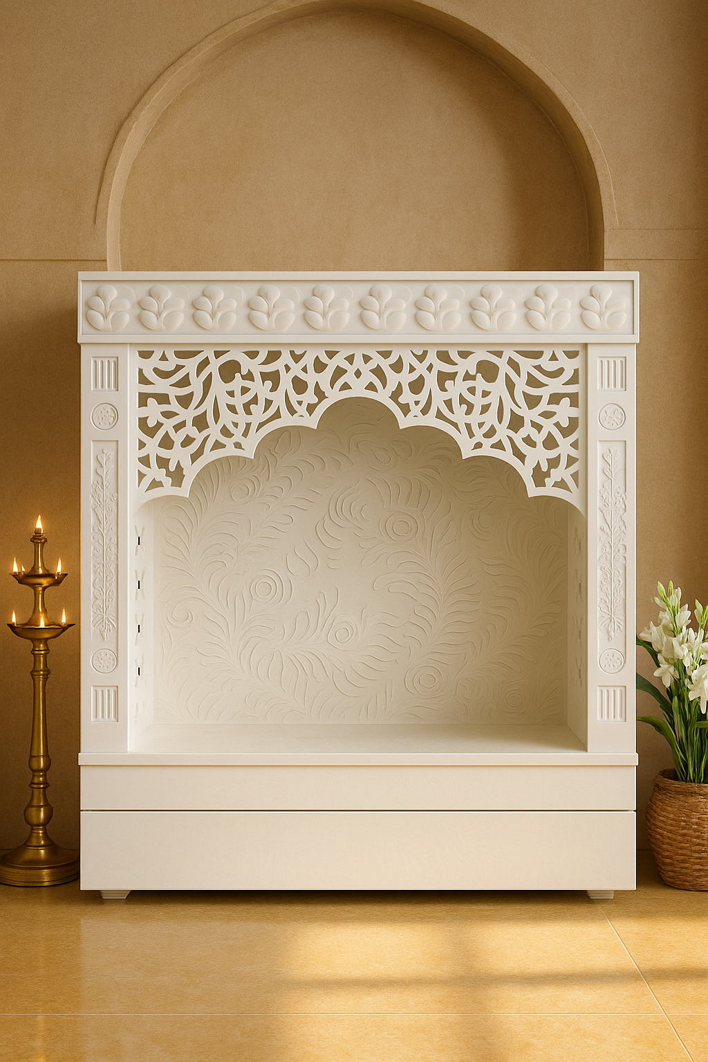 3D Wall-Mount Corian Mandir — Compact Home Temple — Luxury Indian Home Interior — Satguru Creations