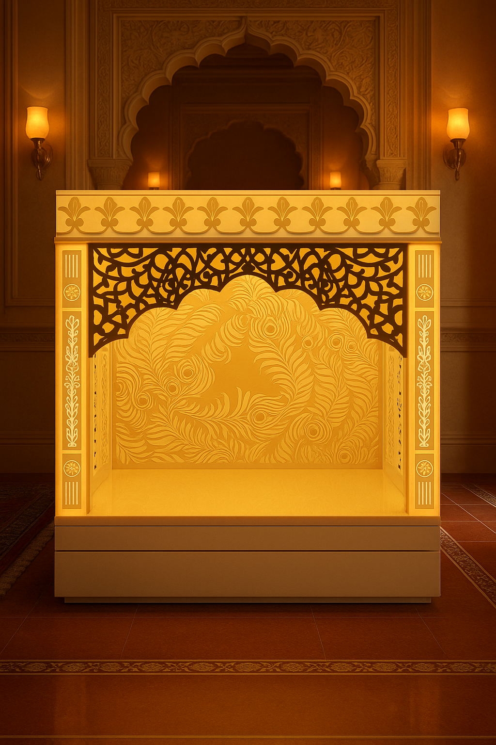 3D Wall-Mount Corian Mandir — Compact Home Temple — Luxury Indian Home Interior — Satguru Creations