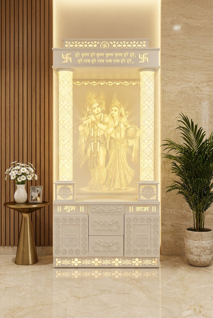 3D Designer Corian Mandir with Round Pillars and Shlokas — Luxury Home Interior — Satguru Creations