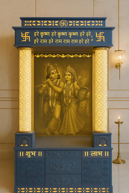 3D Designer Corian Mandir with Round Pillars and Shlokas — Luxury Indian Home Interior — Satguru Creations