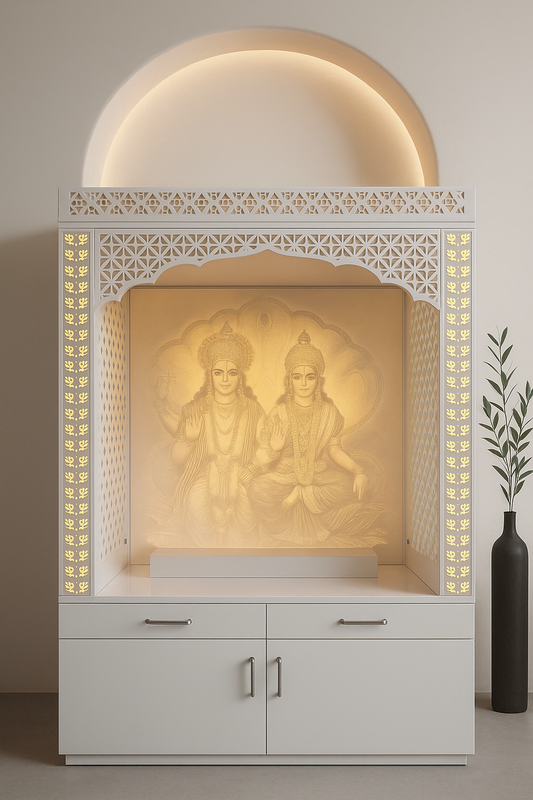 Backlit Vishnu-Laxmi 3D Designer Corian Mandir — Luxury Indian Home Interior — Satguru Creations