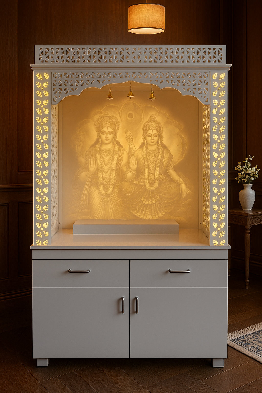 Backlit Vishnu-Laxmi 3D Designer Corian Mandir — Luxury Indian Home Interior — Satguru Creations