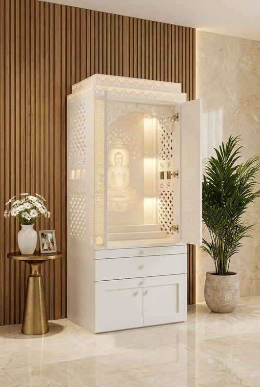 3D Designer Jain Corian Mandir with Ashtamangal Door — Luxury Home Interior — Satguru Creations
