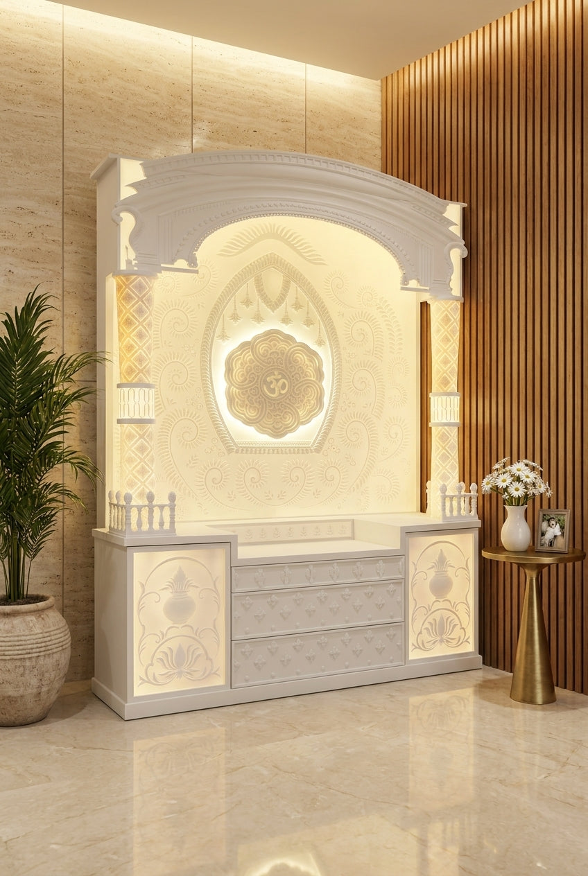 Premium Large Corian Temple Tapered Round Pillars Hexagon Om — Luxury Home Interior — Satguru Creations
