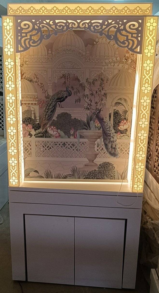 3d corian mandir with sitting stand and roller curtain corian mandir mumbai