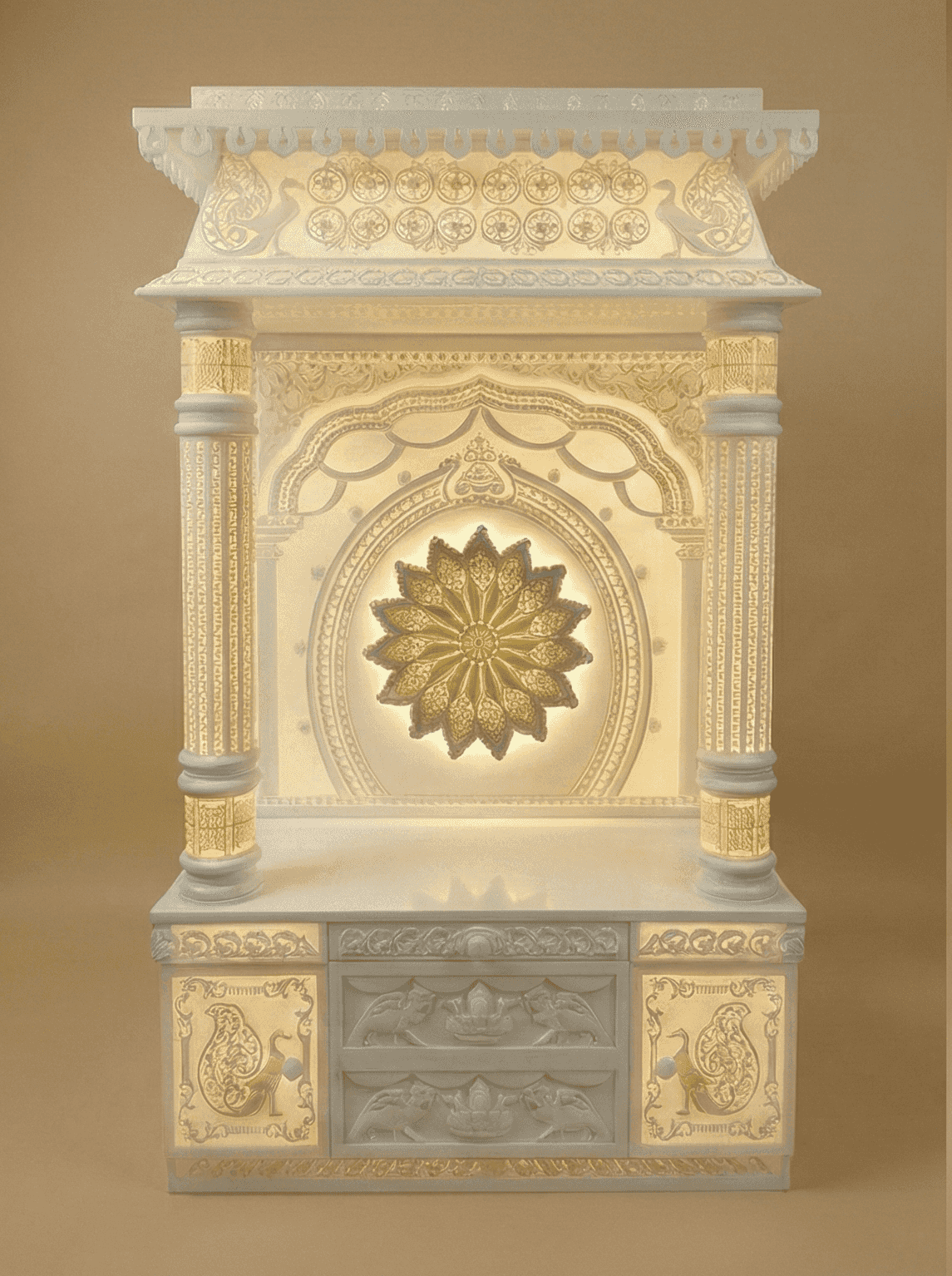 3d designer corian Mandir with intricate BACKLIT DRAWER 3D carvings and ROUND 3D PILLARS