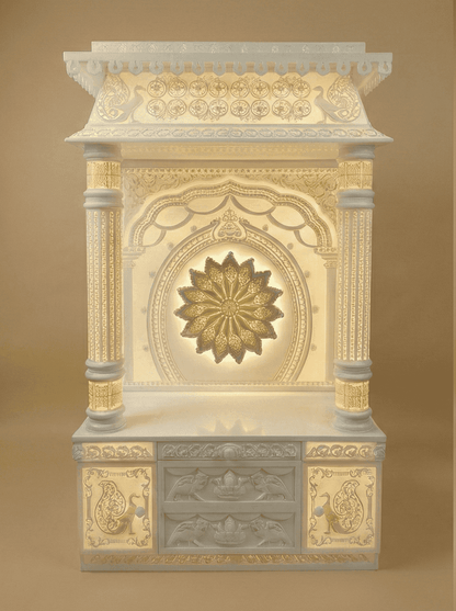 3d designer corian Mandir with intricate BACKLIT DRAWER 3D carvings and ROUND 3D PILLARS
